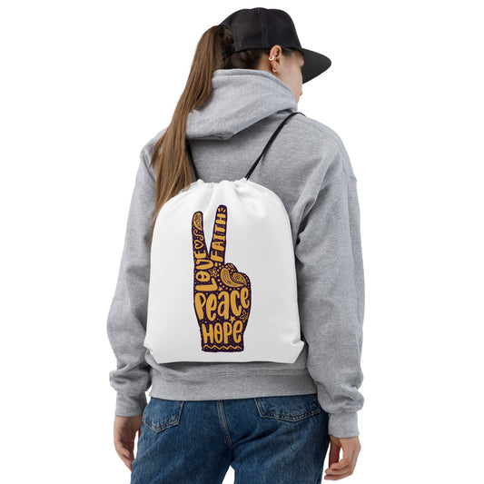 Love, Faith, Hope, Peace Drawstring Bag