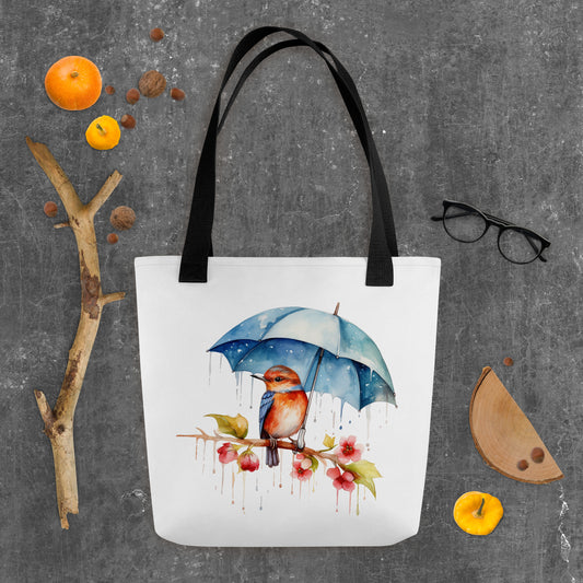 Bird in the Rain with an Umbrella Tote Bag