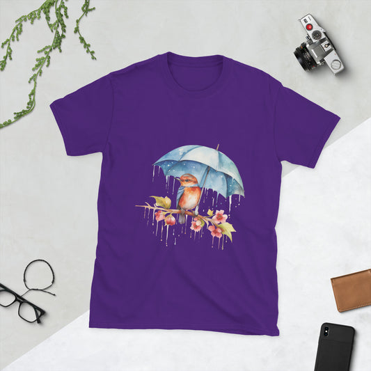 Bird in the Rain Holding an Umbrella Ladies T-Shirt